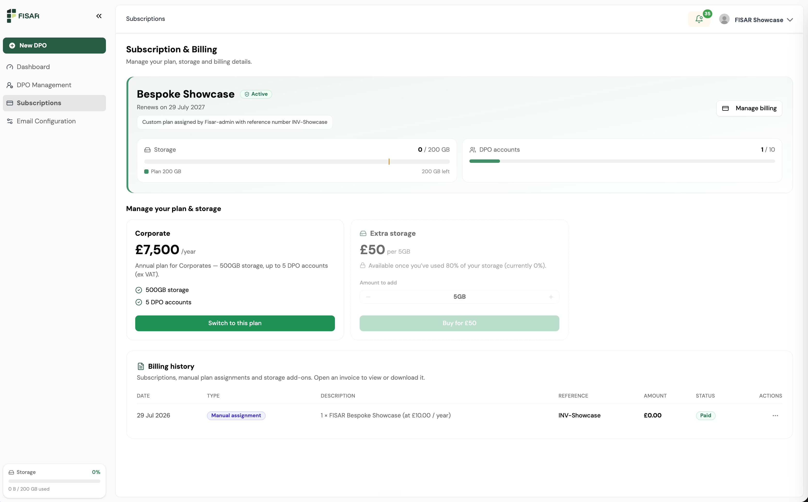 Subscriptions screen showing the active plan and billing details